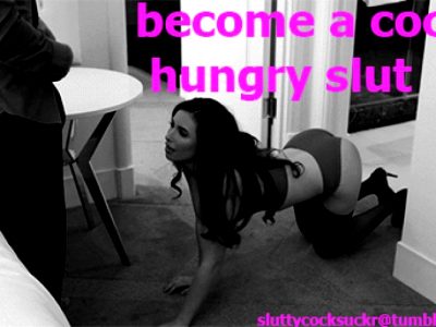 Brunette Sissy Slut Crawling for Cock Caption