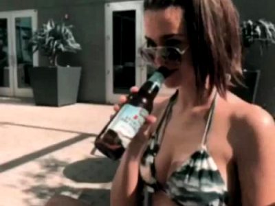 Maia Mitchell In A Bikini, Giggling And Drinking