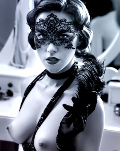 Beautiful woman in masquerade mask showing off her perfect chest